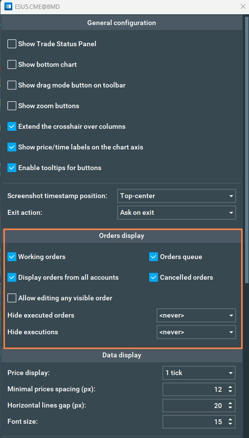 Order and Executions Display screenshot